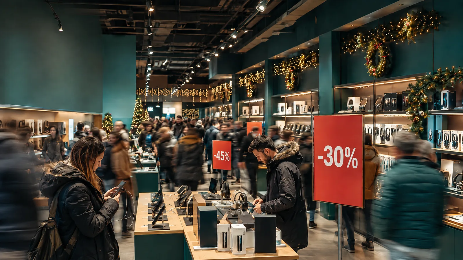 Shoppers in a busy electronics store with Black Friday discount signs